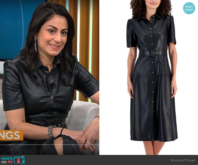 T Tahari Faux Leather Belted Midi Shirtdress worn by Dr. Celine Gounder on CBS Mornings