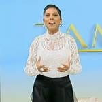 Tamron’s white lace top and black pants on Tamron Hall Show