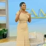 Tamron’s beige leather off shoulder dress on Tamron Hall Show