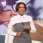Tamron’s gray plaid off shoulder mini dress on Tamron Hall Show