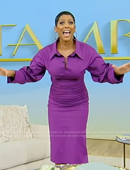 Tamron’s purple gathered midi dress on Tamron Hall Show