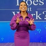 Tamron’s purple gathered midi dress on Tamron Hall Show