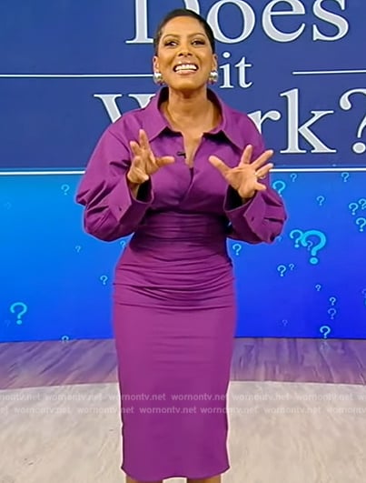 Tamron's purple gathered midi dress on Tamron Hall Show