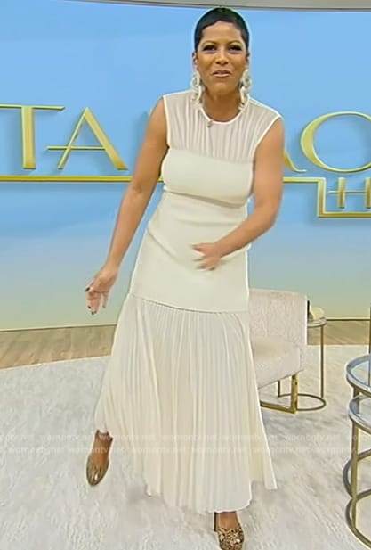 Tamron's white layered midi dress on Tamron Hall Show