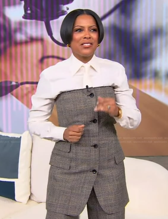 Tamron's gray plaid off shoulder mini dress on Tamron Hall Show