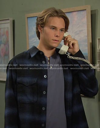 Tate's blue plaid button down shirt on Days of our Lives