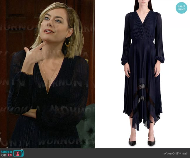 The Kooples Antic Pleated Dress in Navy worn by Hope Logan (Annika Noelle) on The Bold and the Beautiful