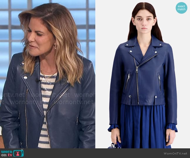 WornOnTV: Natalie’s blue sequin stripe top and leather jacket on The ...