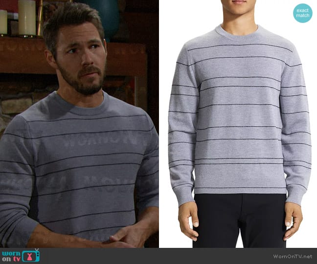 Theory Kenny Merino Wool Blend Stripe Crewneck Sweater worn by Liam Spencer (Scott Clifton) on The Bold and the Beautiful