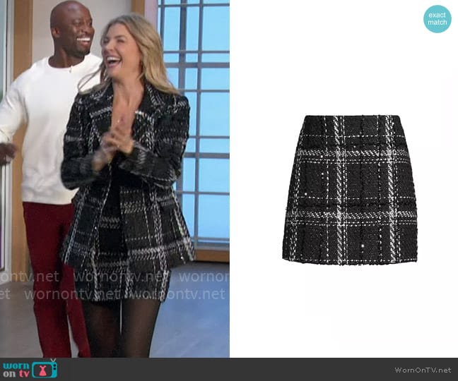 Toccin Maris Sequined Plaid Tweed Miniskirt worn by Amanda Kloots on The Talk