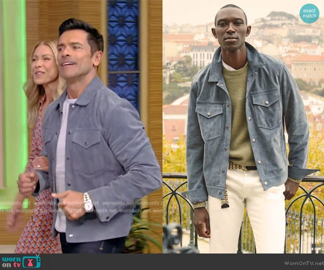 Todd Snyder Italian Suede Snap Dylan Jacket worn by Mark Consuelos on Live with Kelly and Mark