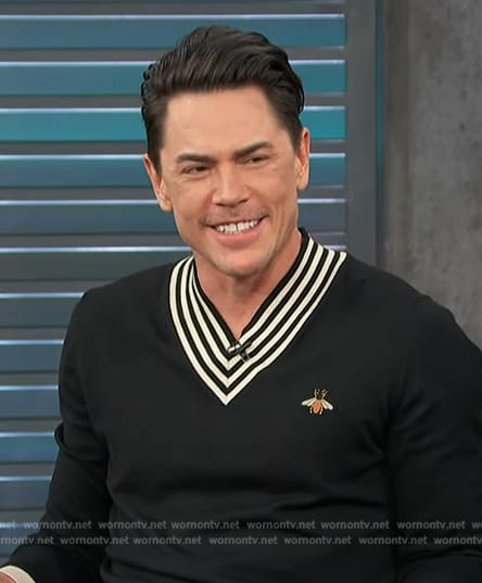 Tom Sandoval’s black bee embroidered sweater on Access Hollywood