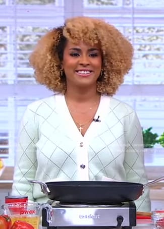 Toni Chapman’s mint diamond knit cardigan on Good Morning America