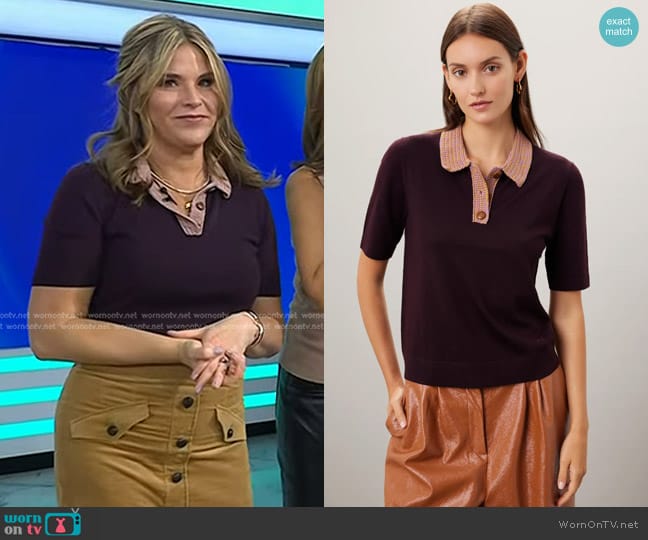 WornOnTV: Jenna’s purple knit collar polo and beige corduroy skirt on ...