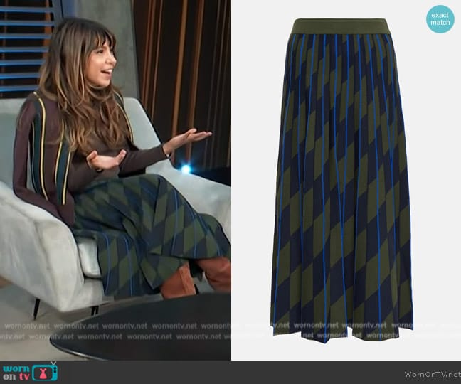 Tory Burch Jacquard pleated midi skirt worn by Jessica Radloff on Access Hollywood