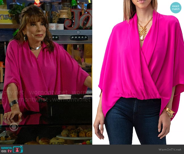 Trina Turk Concourse Satin-Back Crepe Top in Trina Pink worn by Esther Valentine (Kate Linder) on The Young and the Restless