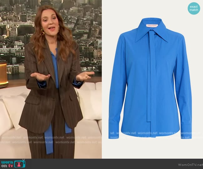 Valentino Garavani Cotton Popeline Button-Front Shirt with Self-Tie Collar worn by Drew Barrymore on The Drew Barrymore Show