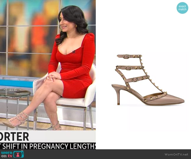 Valentino Garavani Rockstud Caged Pumps 65MM in Poudre worn by Dr. Celine Gounder on CBS Mornings