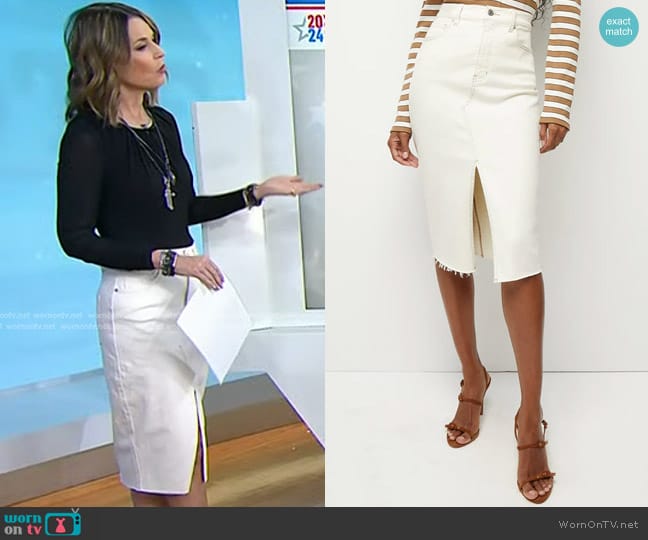 Veronica Beard Breves Denim Midi Skirt in Ecru worn by Savannah Guthrie on Today