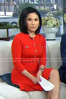 Vicky's red knit dress with gold buttons on Today