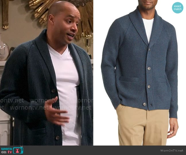 Vince Marled Rib Shawl Collar Cardigan in Dark River worn by Trey Taylor (Donald Faison) on Extended Family