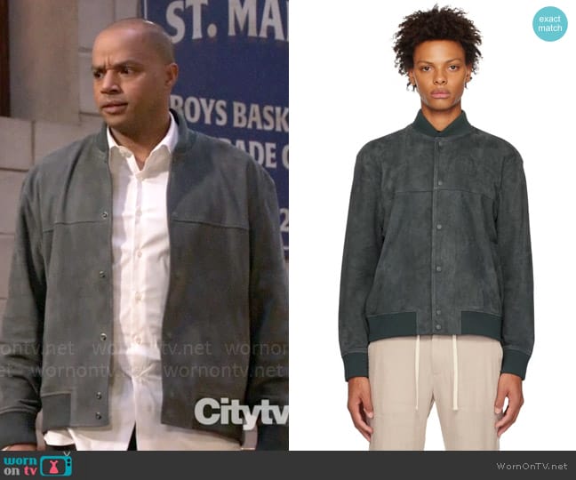 Vince Coaches Bomber Leather Jacket worn by Trey Taylor (Donald Faison) on Extended Family