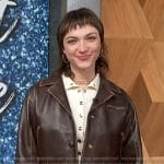 Violett Beane’s brown leather jacket and ribbed top on Access Hollywood