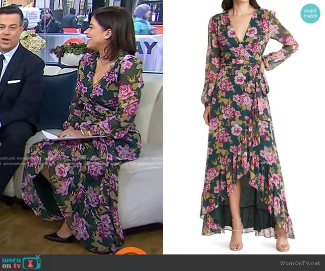 Wayf The Meryl Floral Long Sleeve Wrap Gown in Pine Roses worn by Chloe Melas on Today