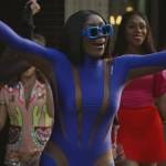 Wendy’s blue shadow stripe catsuit and sunglasses on The Real Housewives of Potomac