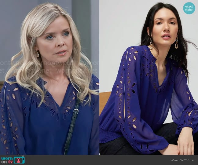 White House Black Market Chiffon Eyelet Blouse worn by Felicia Scorpio (Kristina Wagner) on General Hospital