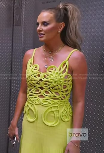 Whitney's yellow crochet pleated dress on The Real Housewives of Salt Lake City
