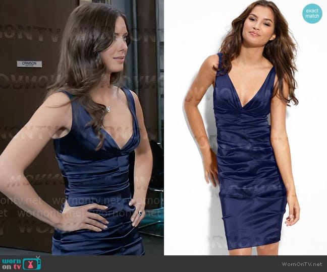 Xscape Ruched Satin Sheath Dress worn by Willow Tait (Katelyn MacMullen) on General Hospital