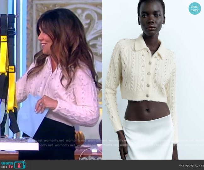 Zara Beaded Crop Knit Cardigan worn by Gretta Monahan on The View