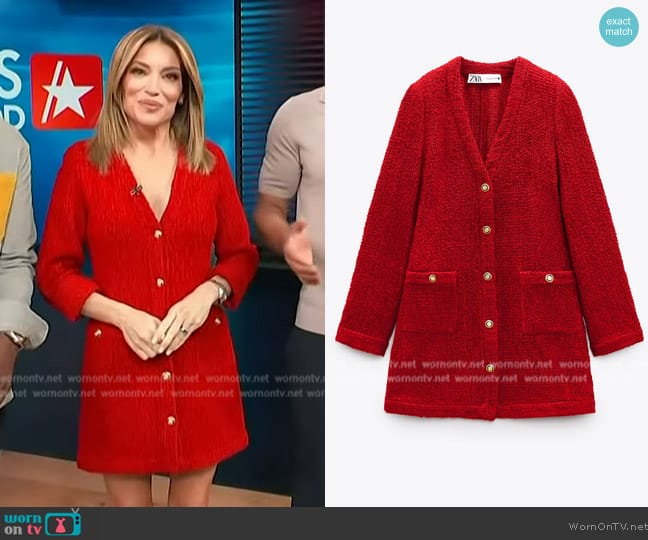 WornOnTV: Kit’s red textured button front dress on Access Hollywood ...
