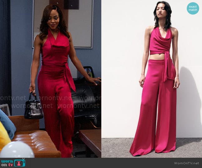 Zara Draped Halter Top and Wide Leg Pants worn by Andrea Barnes (Kj Smith) on Tyler Perrys Sistas