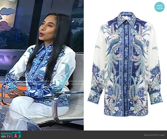 Zimmermann Glassy Placement Bird And Floral-print Silk Shirt worn by Dr. Roshini Rajapaksa on Today