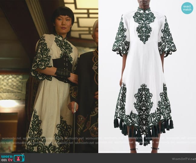 Zimmermann Anneke Tassel-trimmed Embroidered Linen Dress worn by Eleanor Chun (Karoline) on Death and Other Details