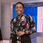 Zinhle’s black floral print tie neck blouse on NBC News Daily