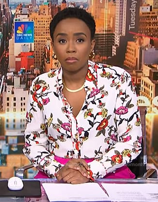 Zinhle’s white floral print blouse on NBC News Daily