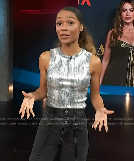 Zuri’s silver abstract print tank on Access Hollywood