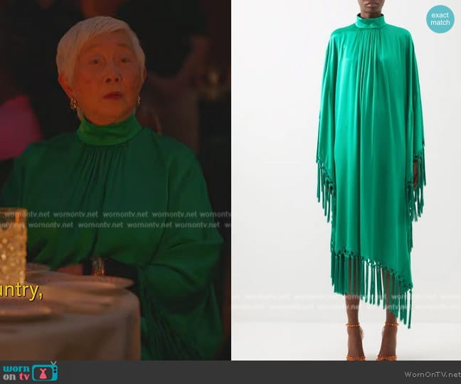 Andrew GN Tasseled gathered silk-blend satin gown worn by Lisa Lu (Lisa Lu) on Death and Other Details