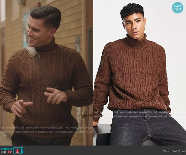 ASOS  Cable knit roll neck sweater in brown worn by Josh Segarra (Josh Segarra) on Abbott Elementary