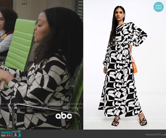 Smock maxi dress in belt in mono geo splice print by ASOS worn by Janine Teagues (Quinta Brunson) on Abbott Elementary