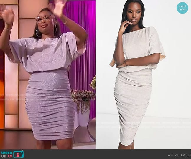 AX Paris AX Paris ruched midi dress in gray glitter worn by Jennifer Hudson on The Jennifer Hudson Show