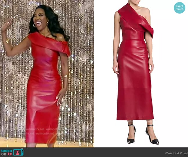 Alexander McQueen One-Shoulder Draped Leather Midi Dress worn by Kenya Moore on Tamron Hall Show