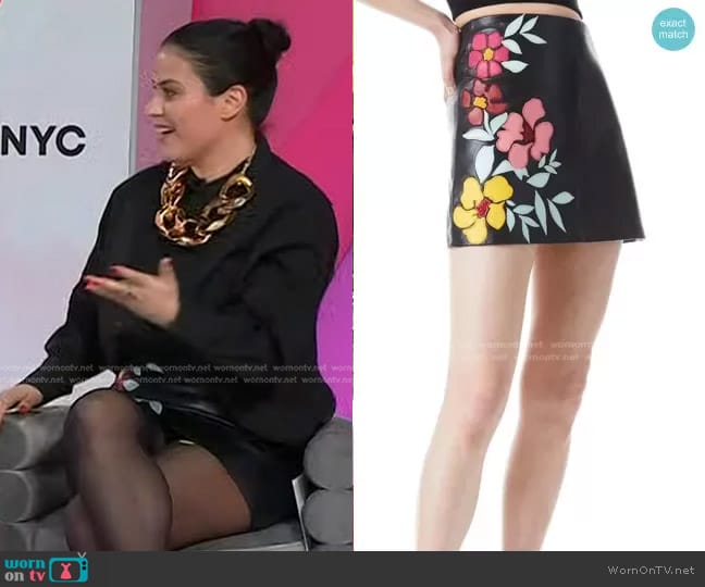 Alice + Olivia Riley Embroidered Vegan Leather Miniskirt worn by Donna Farizan on Today