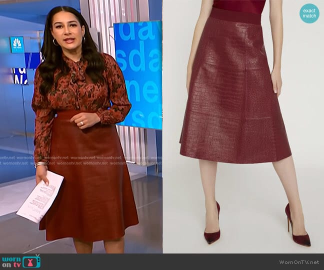 Alice + Olivia Sosie Croc Leather Midi Skirt worn by Morgan Radford on NBC News Daily