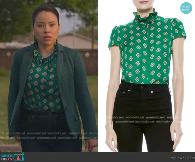 Alice + Olivia Juliette Ruffle Mock-Neck Button-Down Blouse worn by Mariana Foster (Cierra Ramirez) on Good Trouble