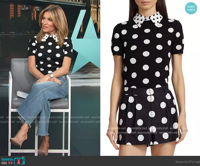 Alice + Olivia Polka-Dot Short-Sleeve Knit Blouse worn by Kit Hoover on Access Hollywood