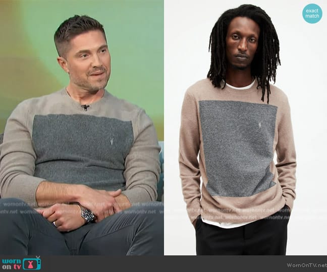 All Saints Lobke Knitted Ramskull Crew Neck Jumper worn by Eric Winter on Access Hollywood